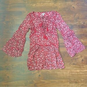 Amuse Society La Palma Boho Floral Dress Tassel Neck Bell Sleeves Red Size XS